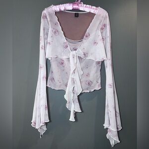 Sheer Floral Mesh Tie-Front Blouse w/ Long Flowy Sleeves Soft Y2K Coquette